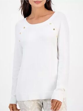 New JM Collection Sweater XXL  Pull Over Ivory Gold Button Accent Boat Neck